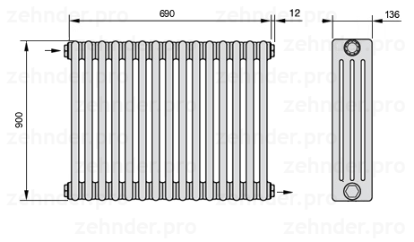 Схема (чертеж) Радиатор Zehnder Charleston 4090/15 №1670 Белый глянцевый RAL 9016